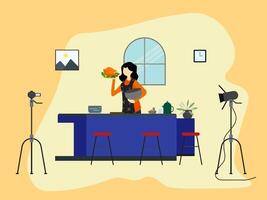 Woman chef making fried chicken online in front of cameras. Character streaming and teaching how to cook chicken. Cooking Chanel content, Cooking blogger . vector