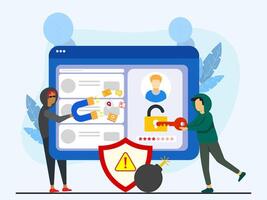 Hacker hack and steal personal account information concept. Male in hood open someone social media account and another man hold magnet to attract victim's picture, message, chat and location. vector