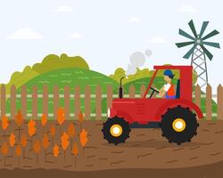 Man farmer driving tractor. Flat cartoon character working in farm using agricultural machinery. Horticulture and husbandry business. Fence on the background with trees and windmill. vector