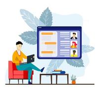 Businessman on front his laptop to online meeting with his teamwork. A group of people on the computer screen to disscus project. vector