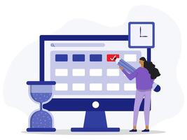 Time management. Character with pencil done tasks with mark in check box of to do list. Organizing schedule and planning work tasks and appointments. Work tasks, filling check list, making schedule. vector