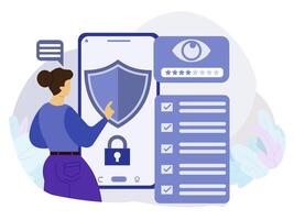 Women protect confidential data on computers. Protection of the internet access, cyber attack prevention, Cyber security, account safety. vector