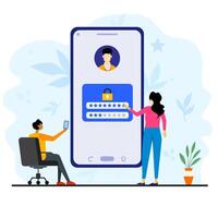 Man sitting on chair trying to login to his account on his smartphone. Woman help to set a password on different screen. Developer application help on customer concept. vector