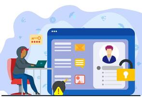 Social media account hacking concept. Male cartoon character hacker trying to enter password to collect personal information on social network. Internet abuse. Publishing sensitive personal data. vector