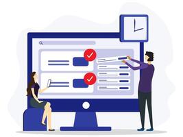 Team office make business plan concept. Young woman sitting on chair and looking a man who is compiling a task list on dashboard. Project planning, time work, teamwork. vector