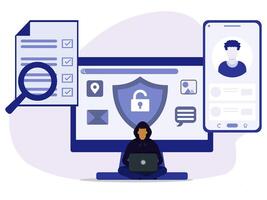 Hacker in hood using laptop to hacking someone's account social media for searching information and access picture, message, chat and location. Cyber attack concept. vector