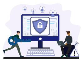 Hacking personal account concept. Man hacker bring the key and another man using laptop to open acces computer with phishing method. Cyber crime, cyber attack, cyber security. vector