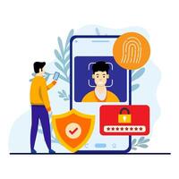 Male using fingerprint and face recognition to unlock his smartphone. Mobile data protection and security concept . vector