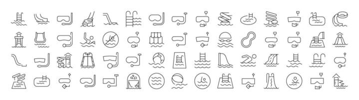Water Park, Aquapark, Swimming Pool, Diving Thin Line Icon Set. Outline Signs for Graphic and Web Design, Apps, Adverts, Various Cards vector