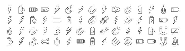 Pack of Magnet, Battery, Lightning Related Line Icons. Outline Signs for Graphic and Web Design, Apps, Adverts, Various Cards vector