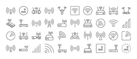 WiFi and Router Line Icon Set. Outline Signs for Graphic and Web Design, Apps, Adverts, Various Cards vector