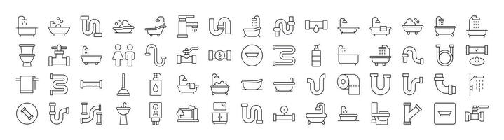 Faucet, Pipes, Bathroom, Toilet Outline Web Line Icons Collection. Minimalistic Linear Pictogram for Web and Graphic Design, Apps, Banners, Social Network and Cards vector