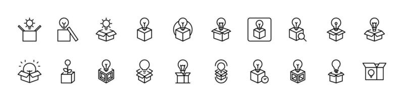 Light Bulb in Box Line Icon Bundle. Outline Signs for Graphic and Web Design, Apps, Adverts, Various Cards vector