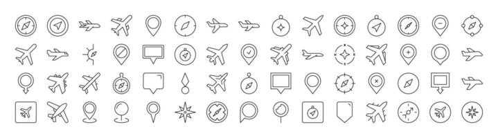 Pack of Plane, Map Pin, Compass Related Line Icons. Outline Signs for Graphic and Web Design, Apps, Adverts, Various Cards vector