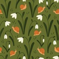 Seamless pattern with snails and snowdrop flowers. Beautiful spring floral repeat background. Hand drawn illustration for wrapping paper, textile, fabric. vector