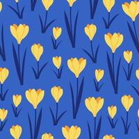 Bright seamless pattern with yellow crocuses on a blue background. Hand drawn illustration for wrapping paper, textile, fabric. vector