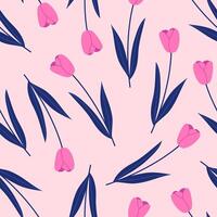 Bright seamless pattern with spring tulips on a pink background. Hand drawn illustration for wrapping paper, textile, fabric. vector