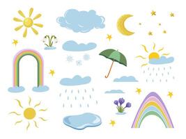 Weather elements set. Sun, clouds, rain, rainbow, snowflakes, puddle, moon and stars, umbrella. The first spring flowers are snowdrop and crocus. Collection of isolated illustrations. vector