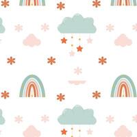 Cute children's pattern with a rainbow behind small clouds with stars vector