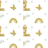 Spring pattern with rubber boot with flowers and cute rainbow and flowers vector