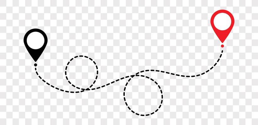 Location route icon, two pin markers with dotted line path, start and end journey symbol