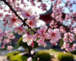 Blossoming Cherry Tree Branch with Traditional Architecture in Background photo