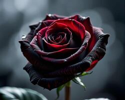 Stunning Close-up of a Red Rose with Dew on Dark Background photo