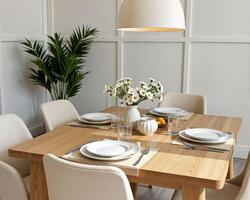 Modern Dining Room with Elegant Table Setting and Greenery Accent photo