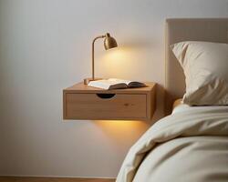 Modern bedside table with lamp, open book, and soft bedding design photo