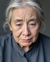Elderly Woman with Thoughtful Expression in Soft Lighting Portrait photo