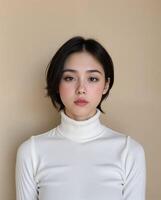 Young Woman in White Turtleneck Sweater Against Beige Background photo