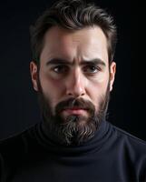 Intense Portrait of a Man with Beard and Deep Thoughtful Expression photo