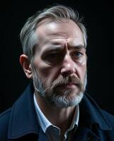Intense Expression of Mature Man with Silver Hair in Dim Lighting photo