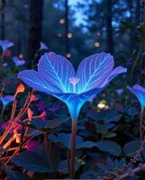 Bioluminescent Flower Glowing in Enchanted Forest at Night photo