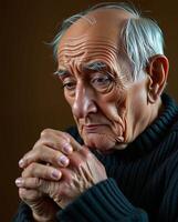 Thoughtful elderly man with deep expression in warm lighting setting photo