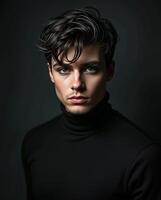 Portrait of a Young Man in Black Turtleneck with Intense Expression photo