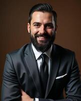 Confident Businessman in Suit with Beard Against Brown Background photo