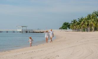 Family enjoys a sunny day at the beach while walking along the shore with palm trees in the background photo