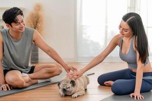 Couple practices yoga at home with their adorable pug in a cozy living room during a sunny afternoon photo