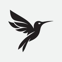 A stylized, black silhouette of a hummingbird in flight, positioned against a light gray background. vector