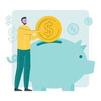Man Saving Money by Depositing Coin Into Large Piggy Bank vector
