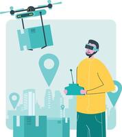 Illustration of Drone Operator Using Remote Control and Autonomous Delivery Systems vector