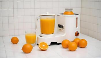 A blender and a bunch of oranges on a counter photo