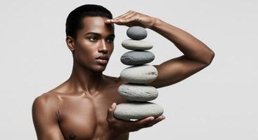 Serene Man Balancing Stones. A Study in Mindfulness and Tranquility photo