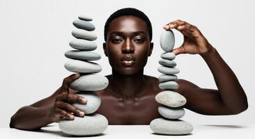 Zenith of Balance. A Black Woman Carefully Arranges Grey Stones, Achieving a State of Serenity and Equilibrium photo