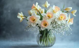 Elegant Spring Bouquet. Daffodils and Baby's Breath in a Glass Vase photo