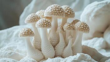 Closeup of a Cluster of Delicate Cream-Colored Mushrooms on a Textured White Surface photo