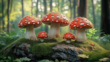 Enchanted Forest. A Family of Red Mushrooms on Mossy Rock photo
