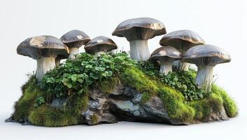 Enchanted Mushroom Cluster on Mossy Rock. A Digital 3D Render of Fantasy Fungi in a Lush, Green Habitat photo