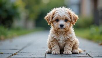 Adorable Fluffy Puppy Sitting on a Pathway Awaiting Adventure photo